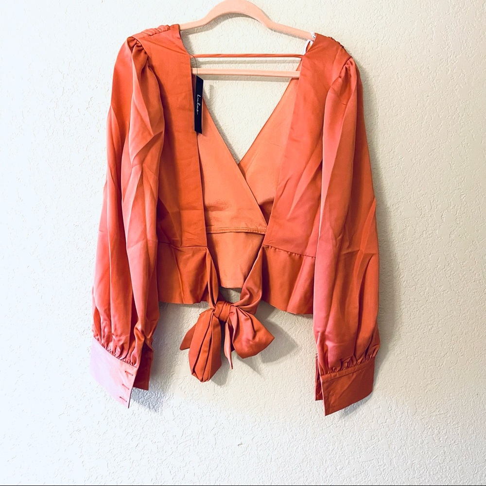 NWT Lulus Rusty Rose Satin Tie-Back Long Sleeve Top. - Picture 5 of 9
